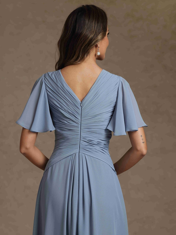 Robe mère de la mariée mousseline ligne A, col V, manches courtes, longueur sol, drapé