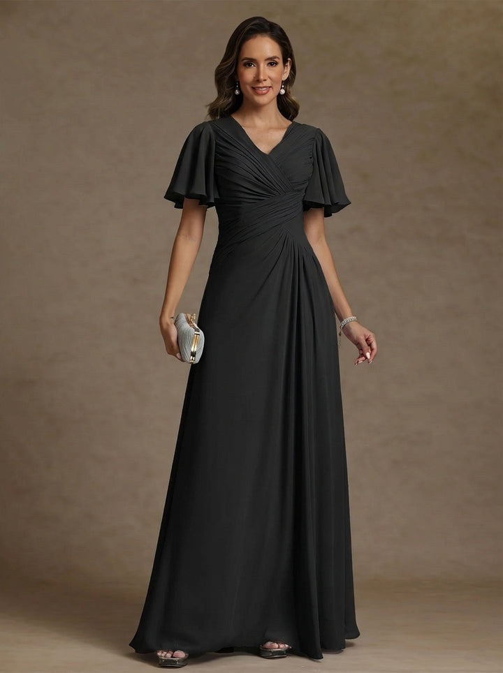 Robe mère de la mariée mousseline ligne A, col V, manches courtes, longueur sol, drapé