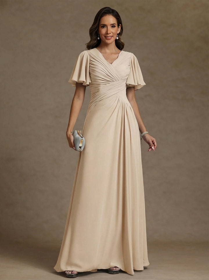 Robe mère de la mariée mousseline ligne A, col V, manches courtes, longueur sol, drapé
