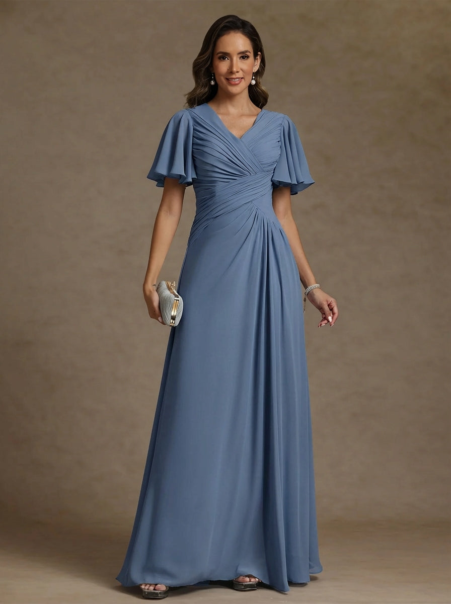 Robe mère de la mariée mousseline ligne A, col V, manches courtes, longueur sol, drapé