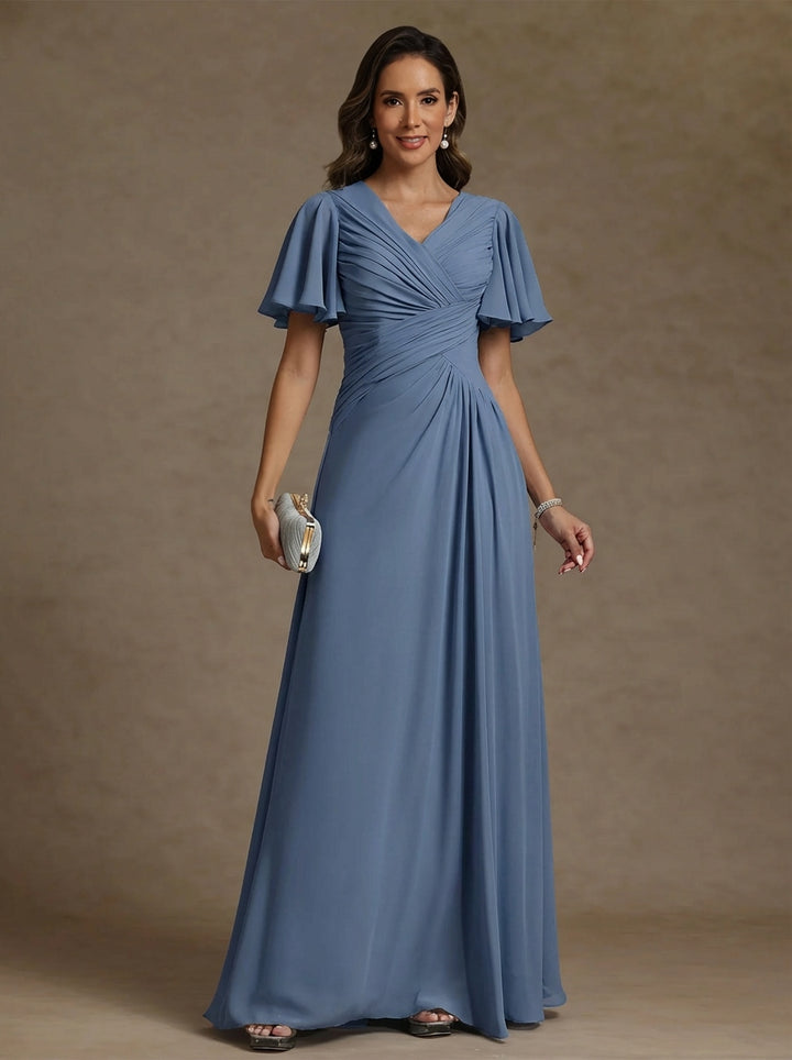 Robe mère de la mariée mousseline ligne A, col V, manches courtes, longueur sol, drapé