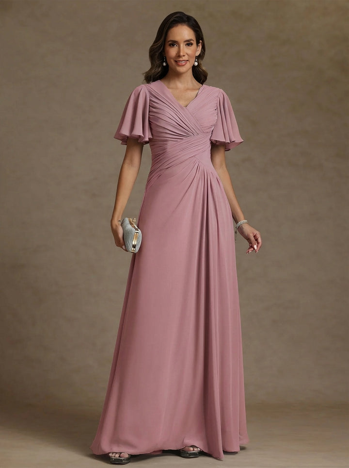Robe mère de la mariée mousseline ligne A, col V, manches courtes, longueur sol, drapé