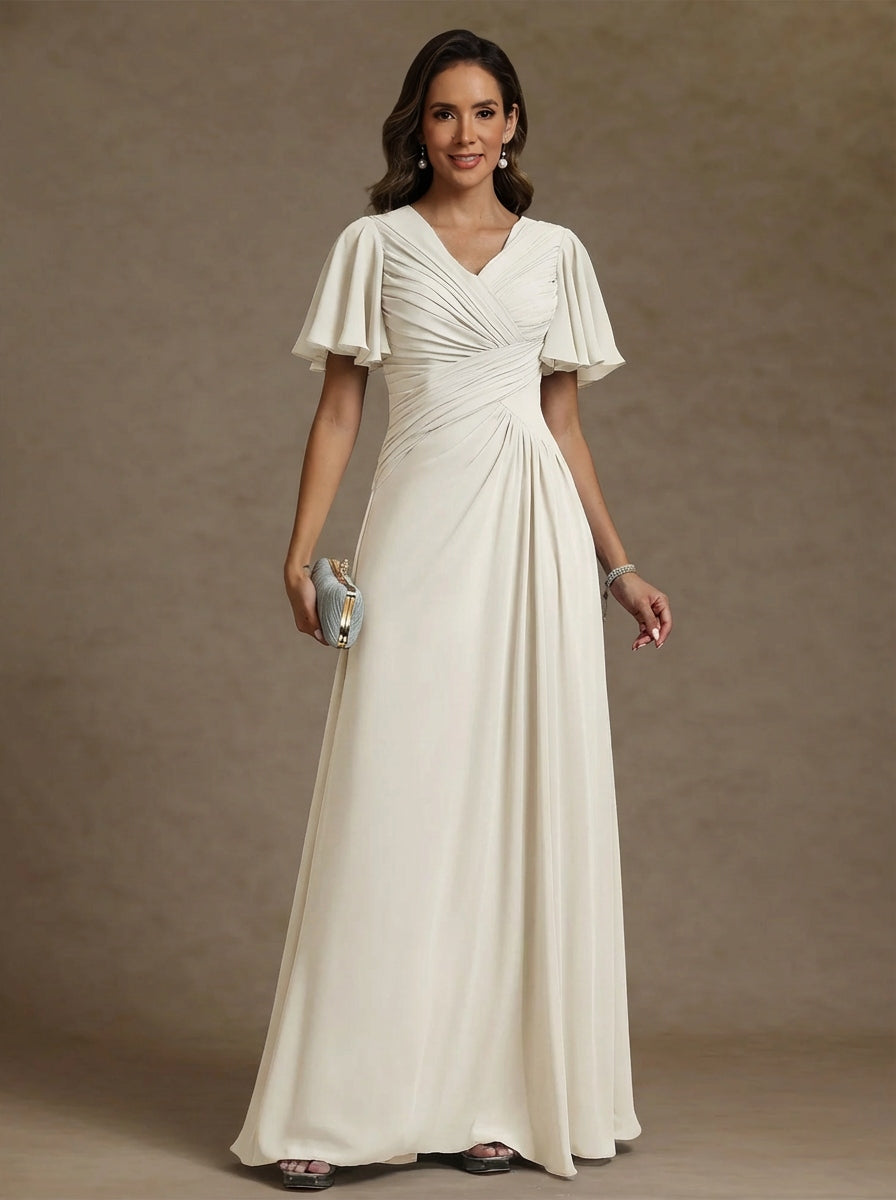 Robe mère de la mariée mousseline ligne A, col V, manches courtes, longueur sol, drapé
