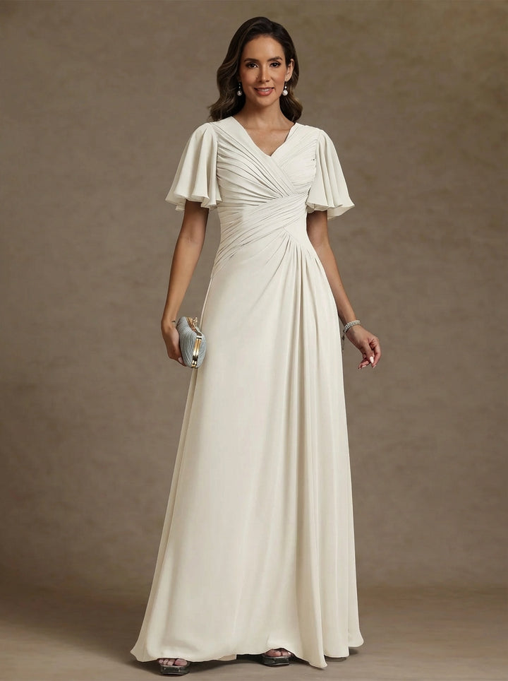 Robe mère de la mariée mousseline ligne A, col V, manches courtes, longueur sol, drapé