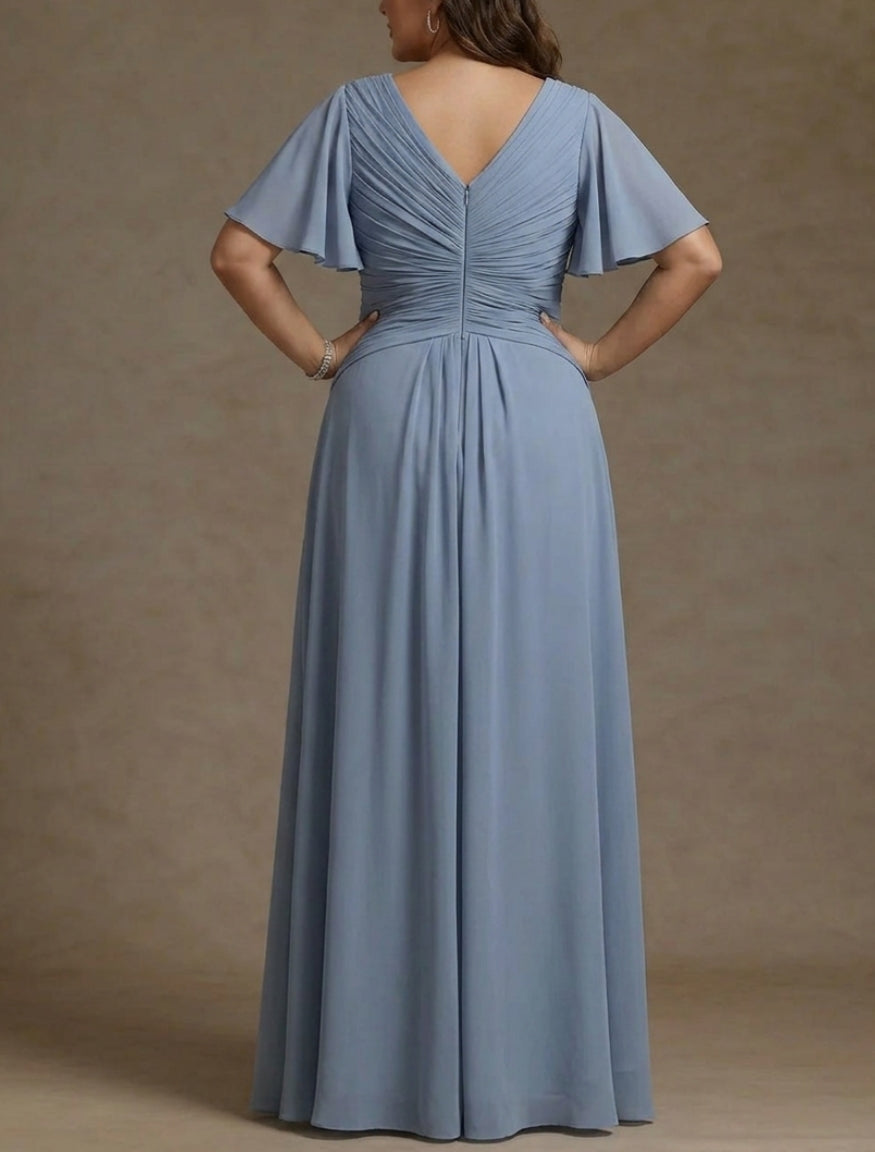 Robe mère de la mariée, Taille Plus, Ligne A/Princesse, Col en V, Mousseline, Manches Courtes, Longueur au Sol, Froncée