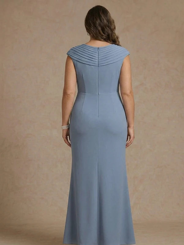 Robe Mère de la Mariée, Grande Taille, Gaine/Colonne, Col en V, Sans Manches, Longueur au Sol, Mousseline, Froncée avec Fente Latérale