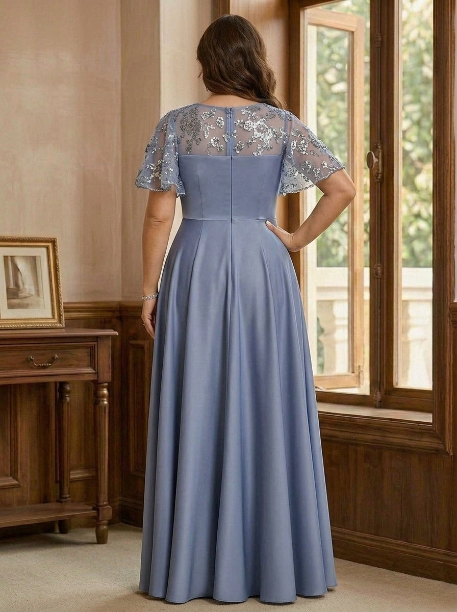 Robe Mère de la Mariée, Grande Taille, Ligne A/Princesse, Satin d'acétate, Col en V, Manches Courtes, Longueur au Sol, à Paillettes