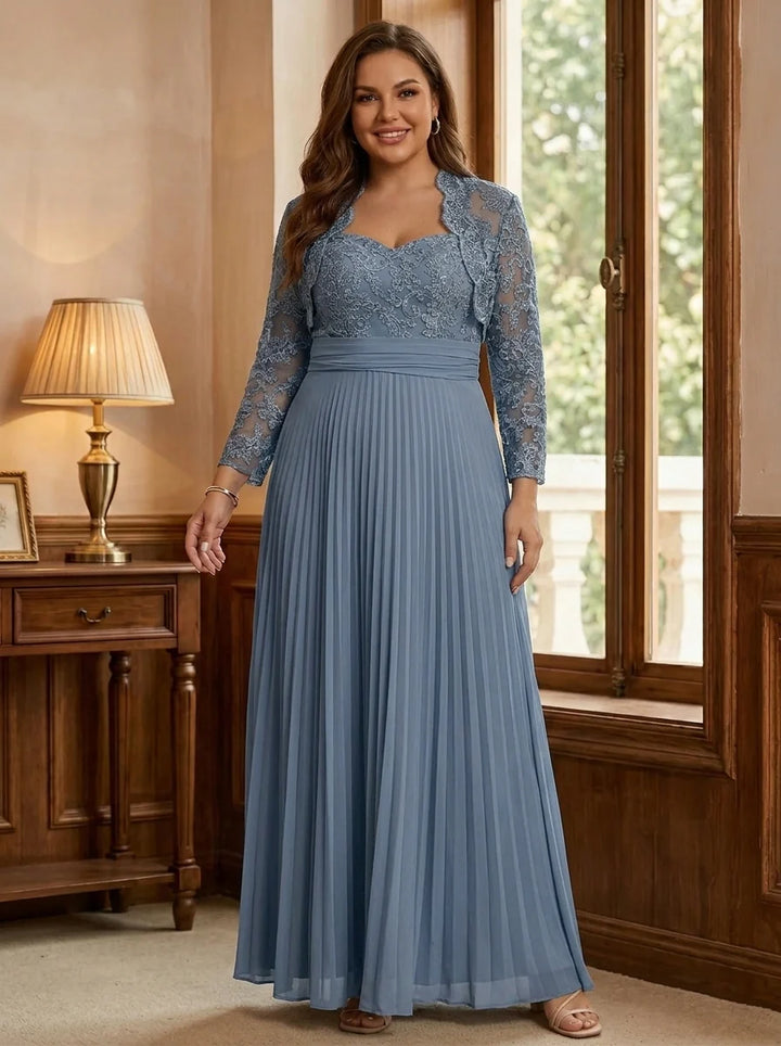 Robe Mère de la Mariée, Grande Taille, Gaine/Colonne, Col Cœur, Manches Longues, Longueur au Sol, Mousseline, Plissée