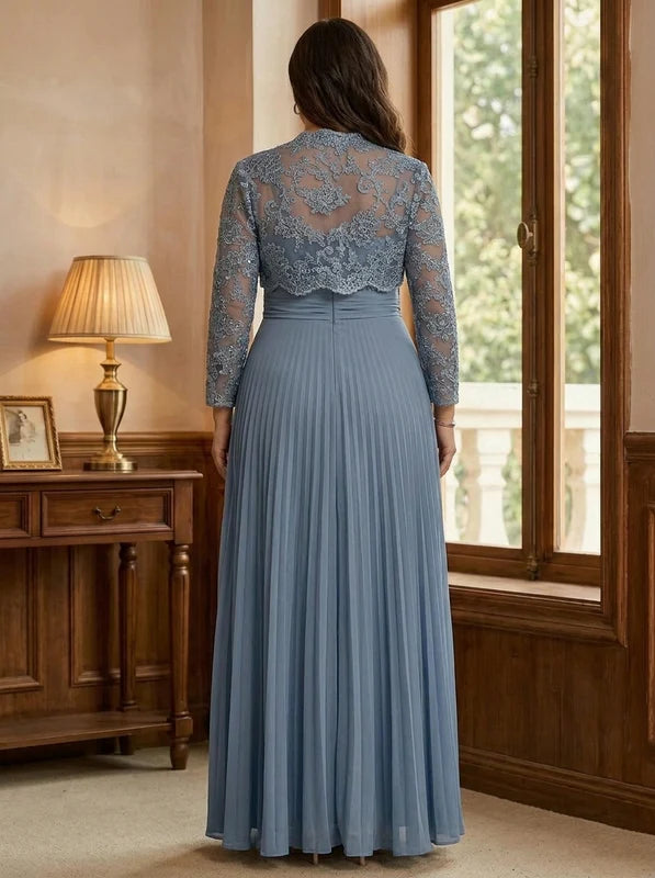 Robe Mère de la Mariée, Grande Taille, Gaine/Colonne, Col Cœur, Manches Longues, Longueur au Sol, Mousseline, Plissée