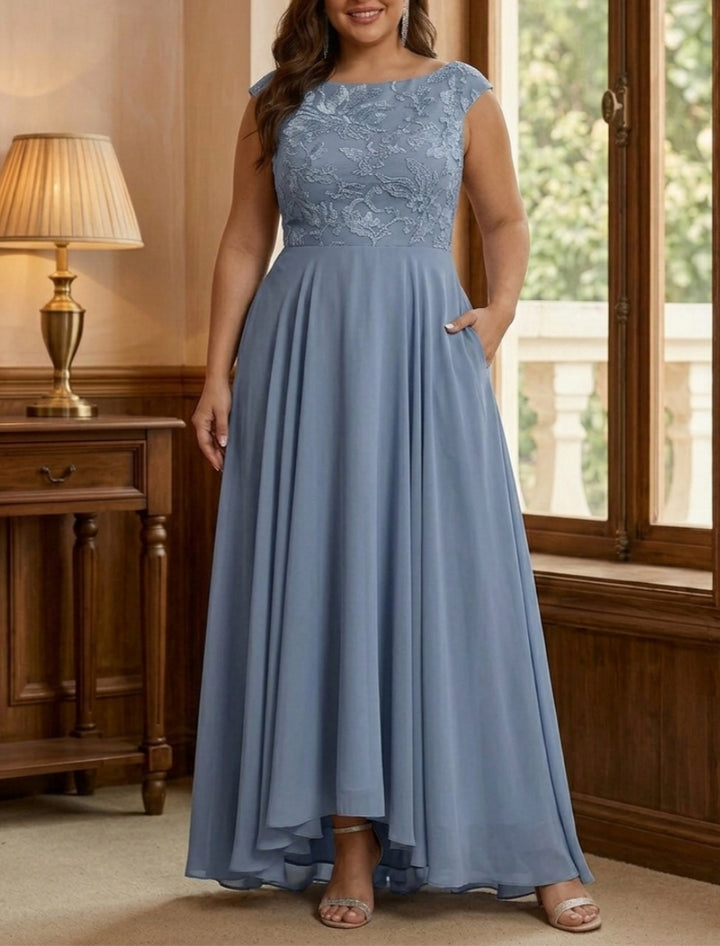 Robe Mère de la Mariée, Grande Taille, Ligne A/Princesse, Col Rond, Sans Manches, Longueur au Sol, Mousseline, Dentelle