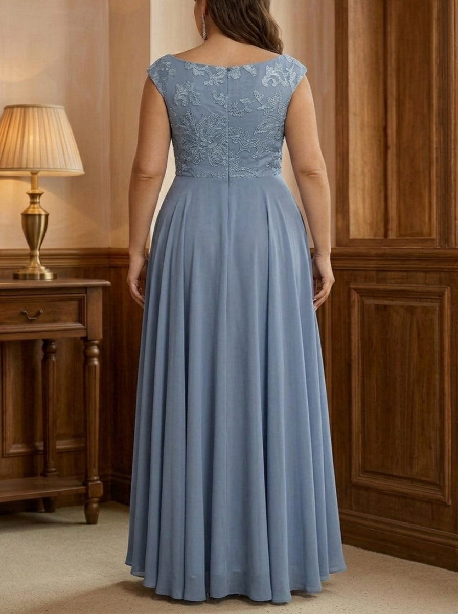 Robe Mère de la Mariée, Grande Taille, Ligne A/Princesse, Col Rond, Sans Manches, Longueur au Sol, Mousseline, Dentelle