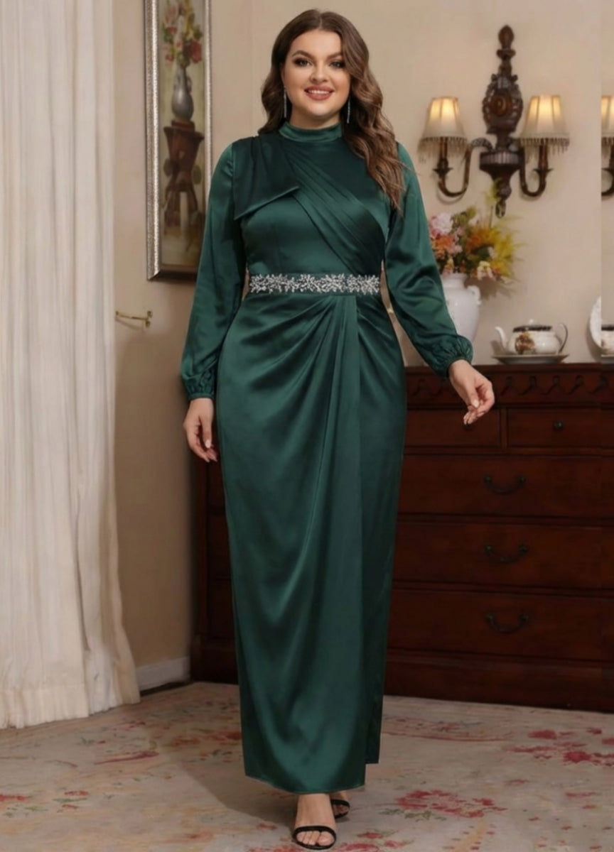 Robe mère de la mariée taille plus fourreau, satin soie col haut, manches longues, longueur cheville, ceinture