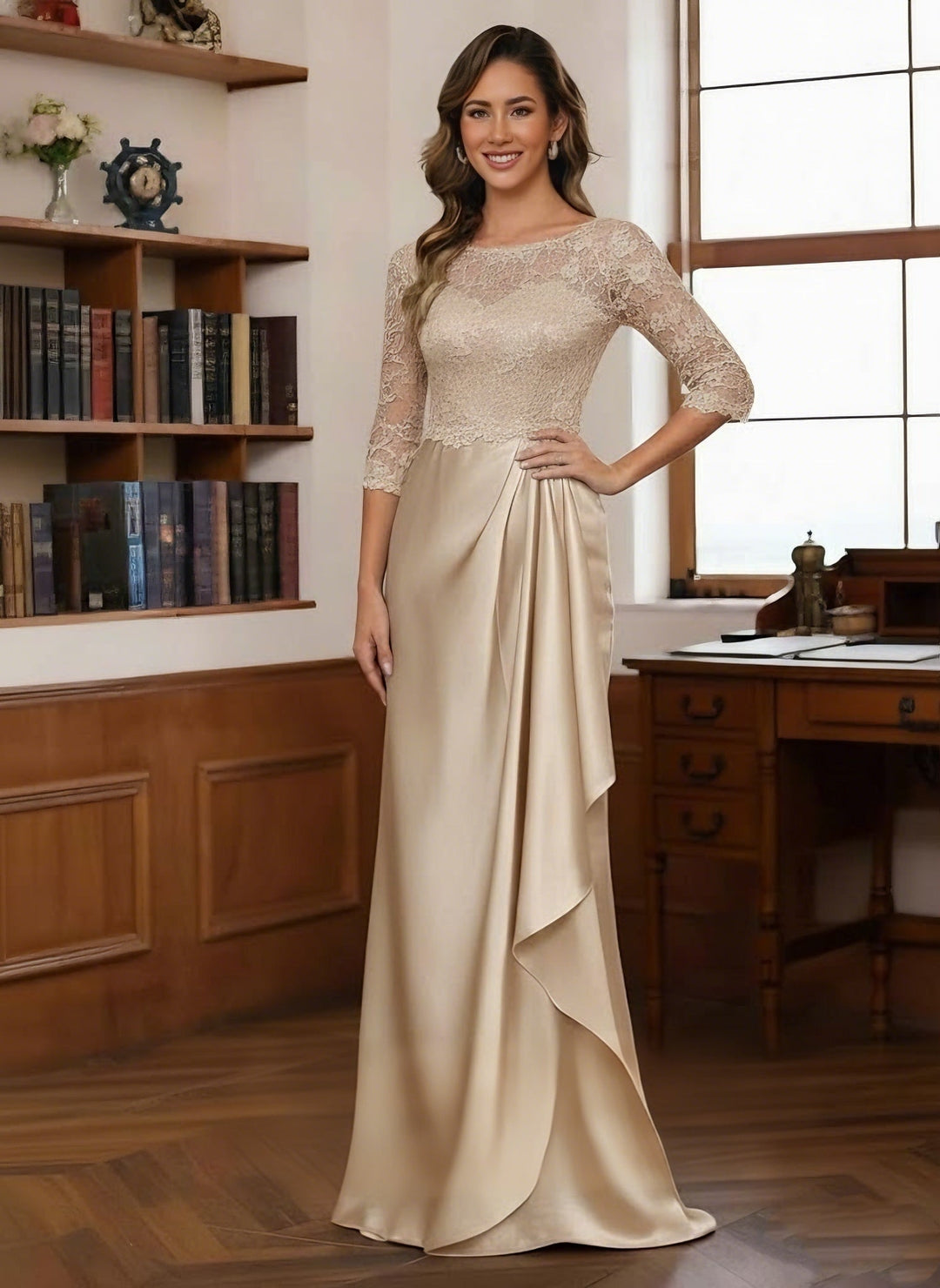 Robe mère de la mariée fourreau satin, col rond, manches 3/4, longueur sol, dentelle et volants