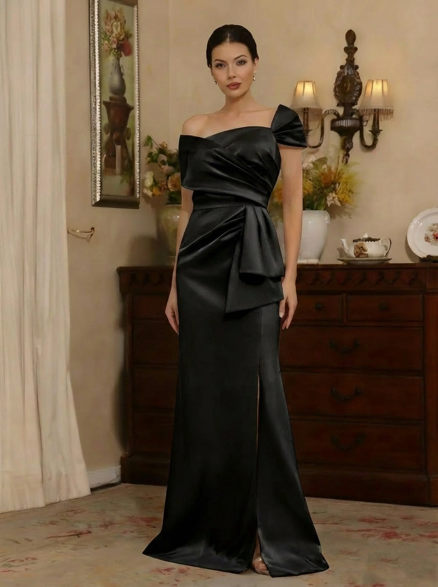 Robe mère de la mariée fourreau satin, manches tombantes, sans manches, longueur sol, fente latérale et drapé