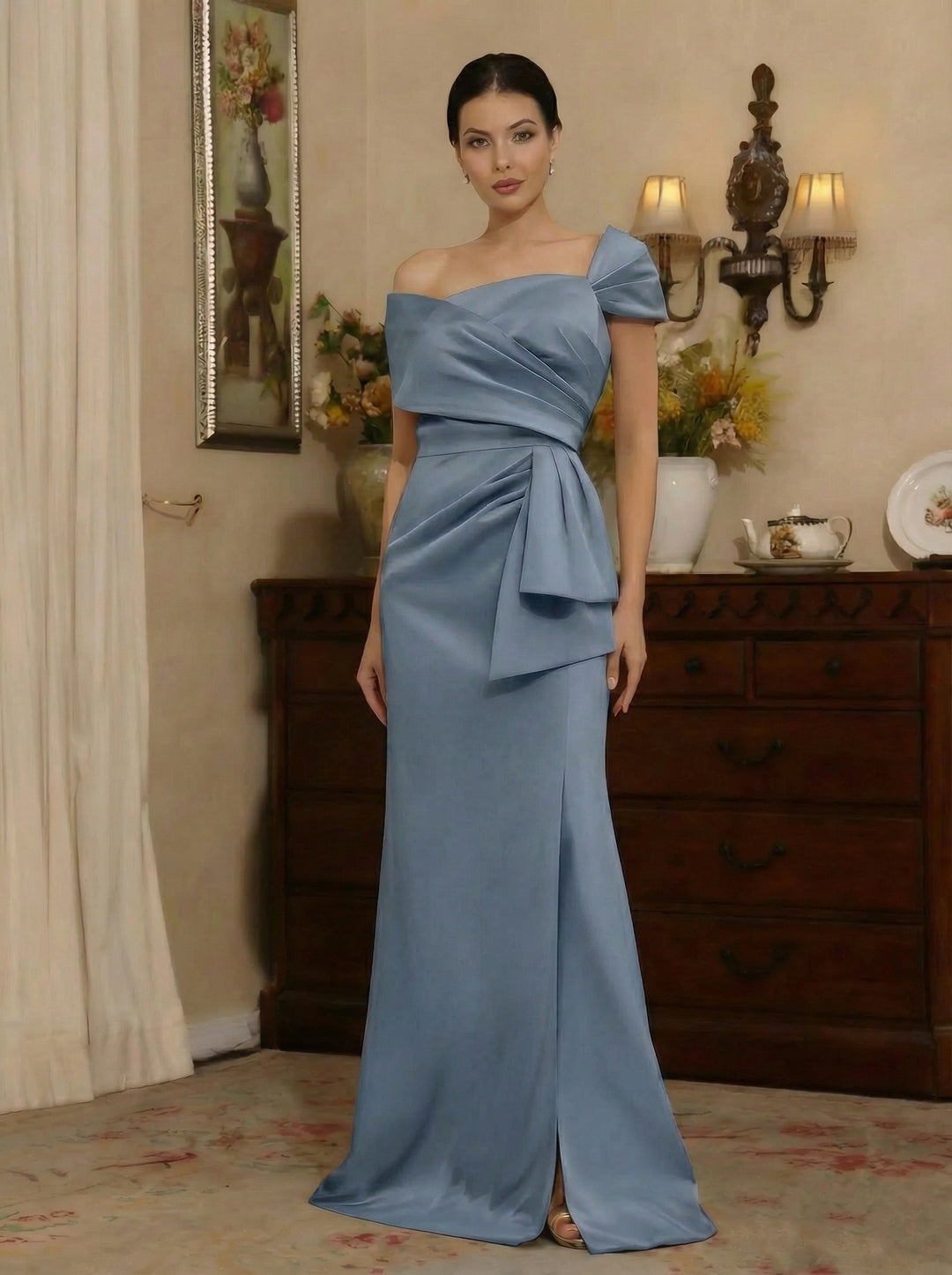 Robe mère de la mariée fourreau satin, manches tombantes, sans manches, longueur sol, fente latérale et drapé