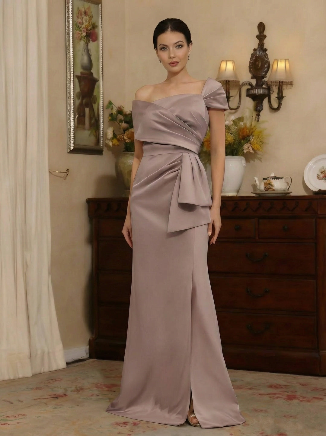 Robe mère de la mariée fourreau satin, manches tombantes, sans manches, longueur sol, fente latérale et drapé