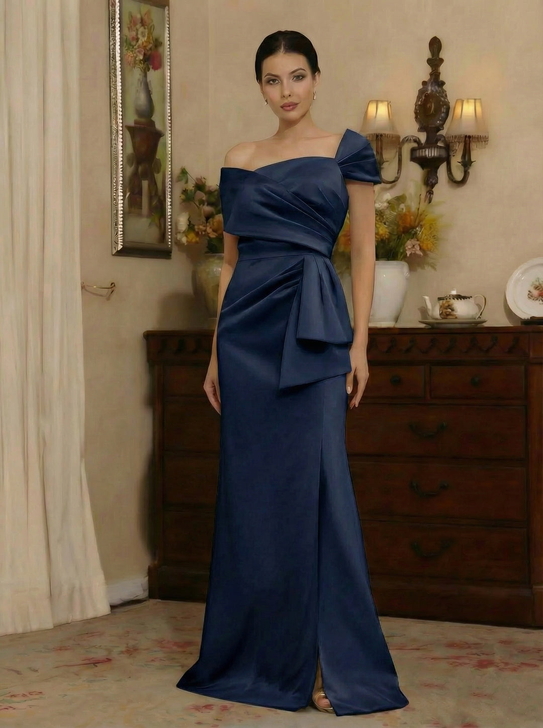 Robe mère de la mariée fourreau satin, manches tombantes, sans manches, longueur sol, fente latérale et drapé