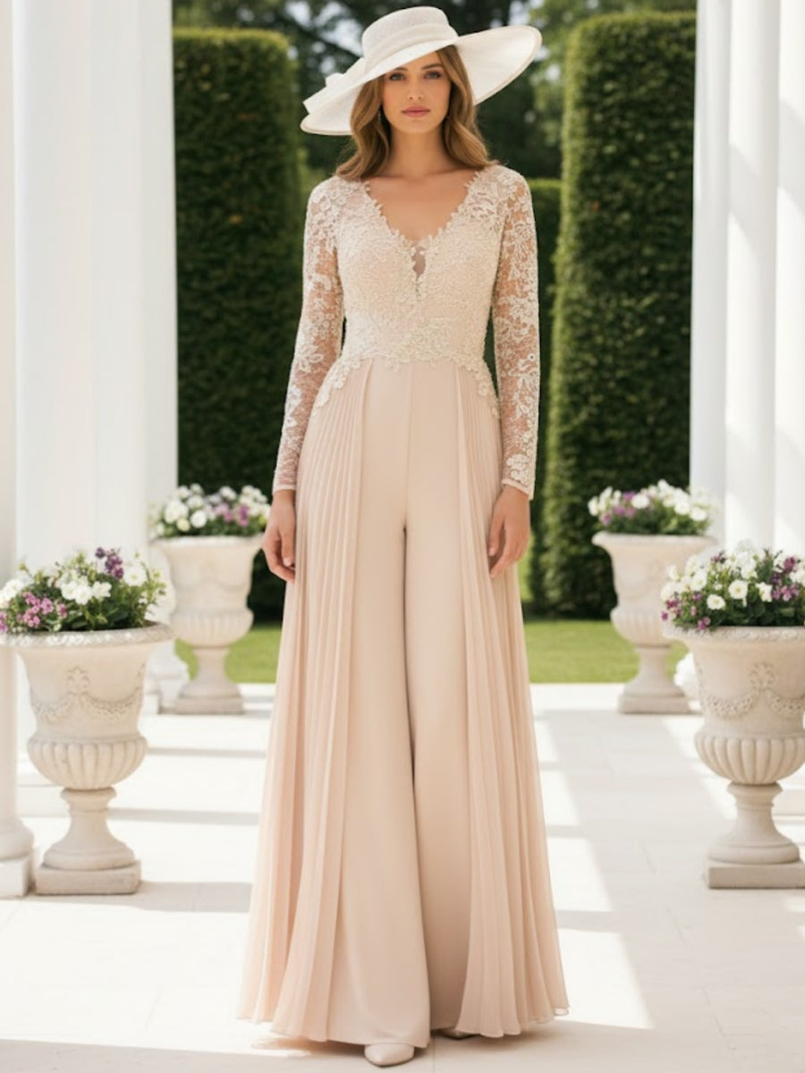 Combinaison mère de la mariée mousseline col V, dentelle, manches longues, longueur sol