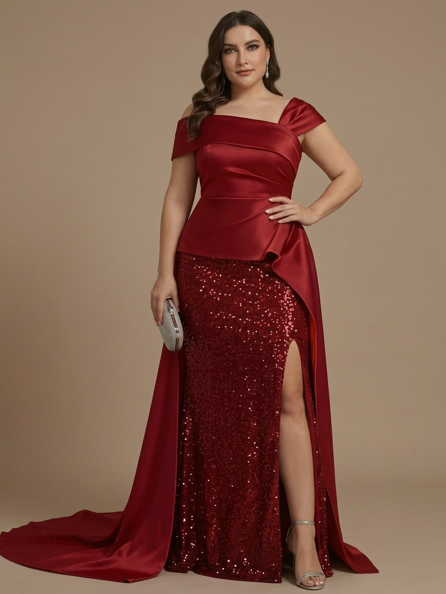 Robe gaine/colonne, hors de l'épaule, satin, taille plus, pour mère de la mariée, avec fente latérale, paillettes, sans manches, longueur de sol, ruchée