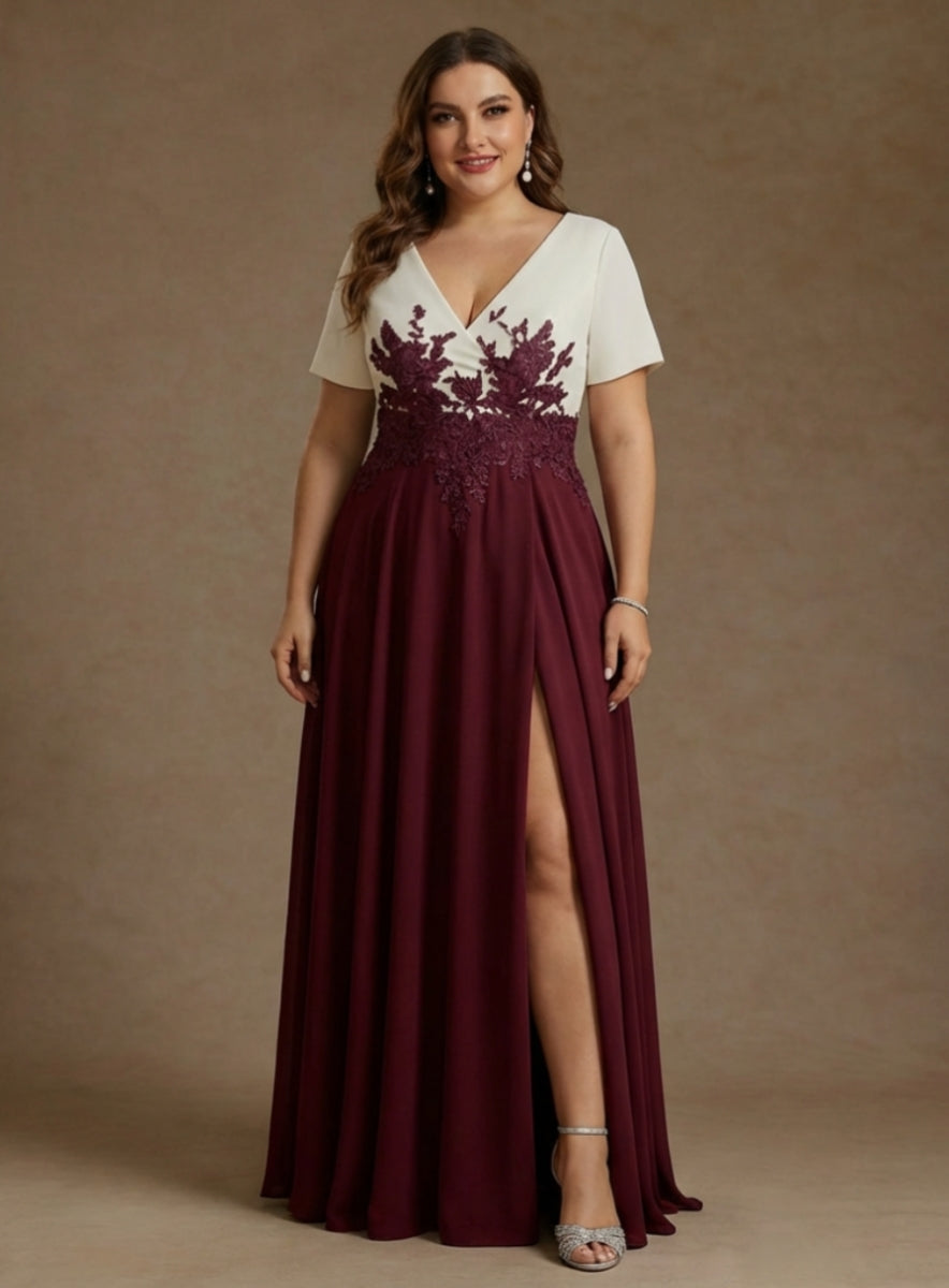 Robe mère de la mariée taille plus ligne A, satin stretch col V, fente latérale, dentelle, manches courtes, longueur sol