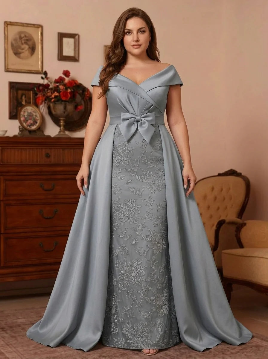 Robe Mère de la Mariée, Grande Taille, Gaine/Colonne, Une Épaule Nue, Sans Manches, Longueur au Sol, Satin, en Dentelle avec Nœud Papillon