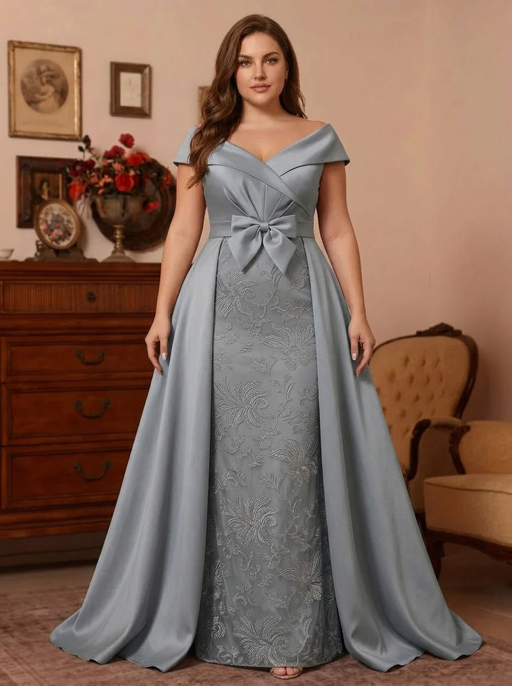 Robe Mère de la Mariée, Grande Taille, Gaine/Colonne, Une Épaule Nue, Sans Manches, Longueur au Sol, Satin, en Dentelle avec Nœud Papillon