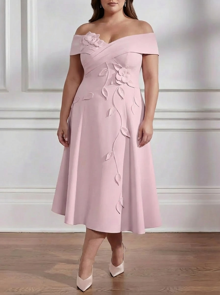 Robe mère de la mariée taille plus ligne A, satin stretch manches tombantes, fleurs 3D, sans manches, longueur midi