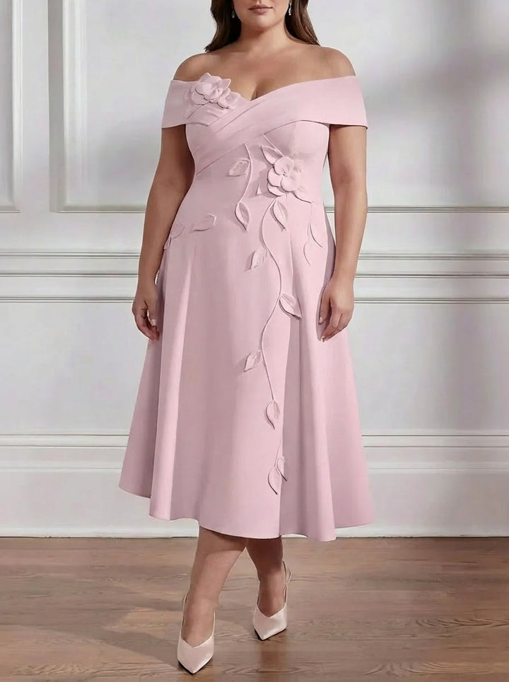 Robe mère de la mariée taille plus ligne A, satin stretch manches tombantes, fleurs 3D, sans manches, longueur midi