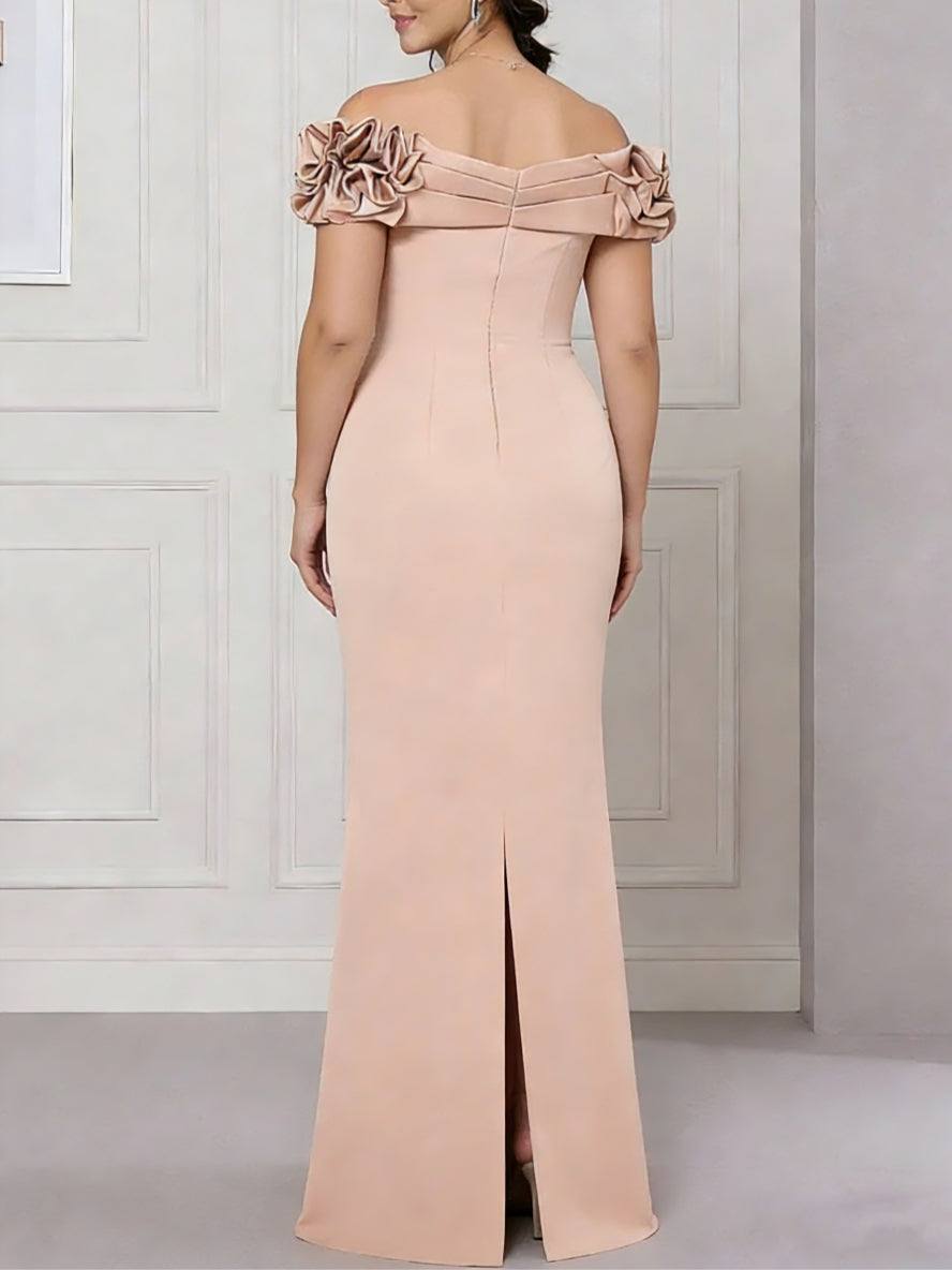 Robe mère de la mariée, taille plus, trompette/sirène, décolleté Hors de l'Épaule, satin extensible, sans manches, longueur sol, volants