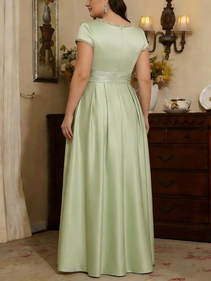 Robe mère de la mariée, taille plus, coupe A/ princesse, satin de soie, col rond, longueur sol, manches courtes, Strass
