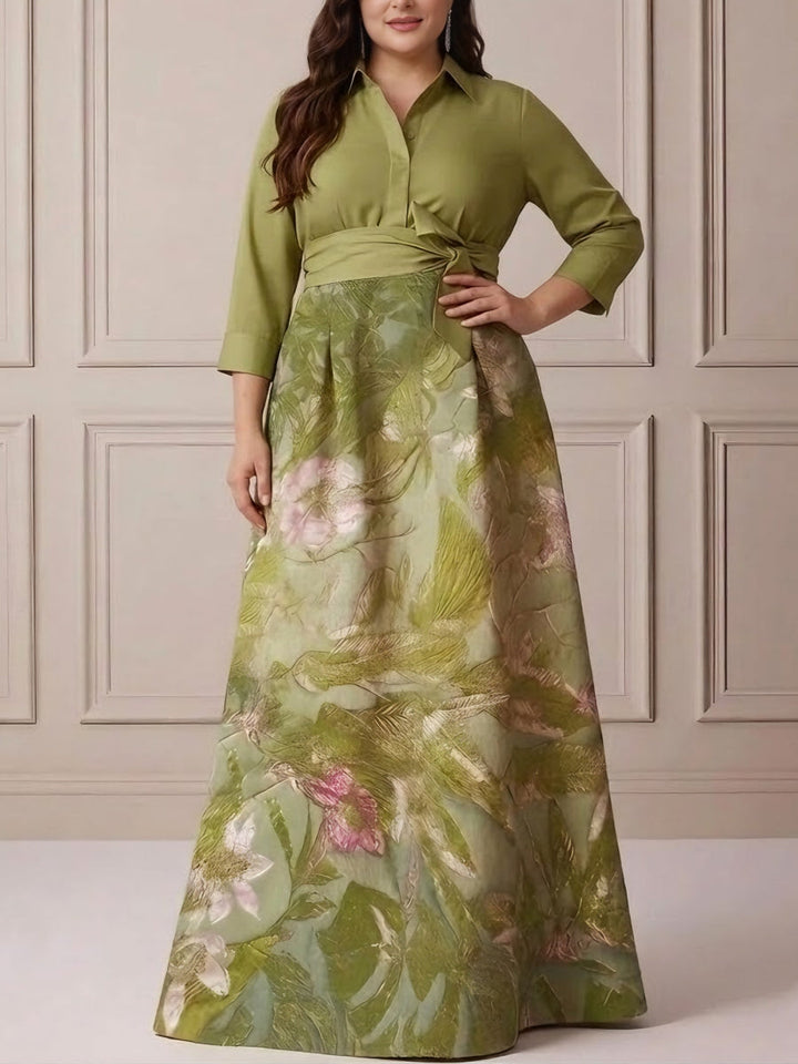 Robe mère de la mariée taille plus ligne A, satin col chemisier, manches 3/4, longueur sol, imprimé floral, nœud