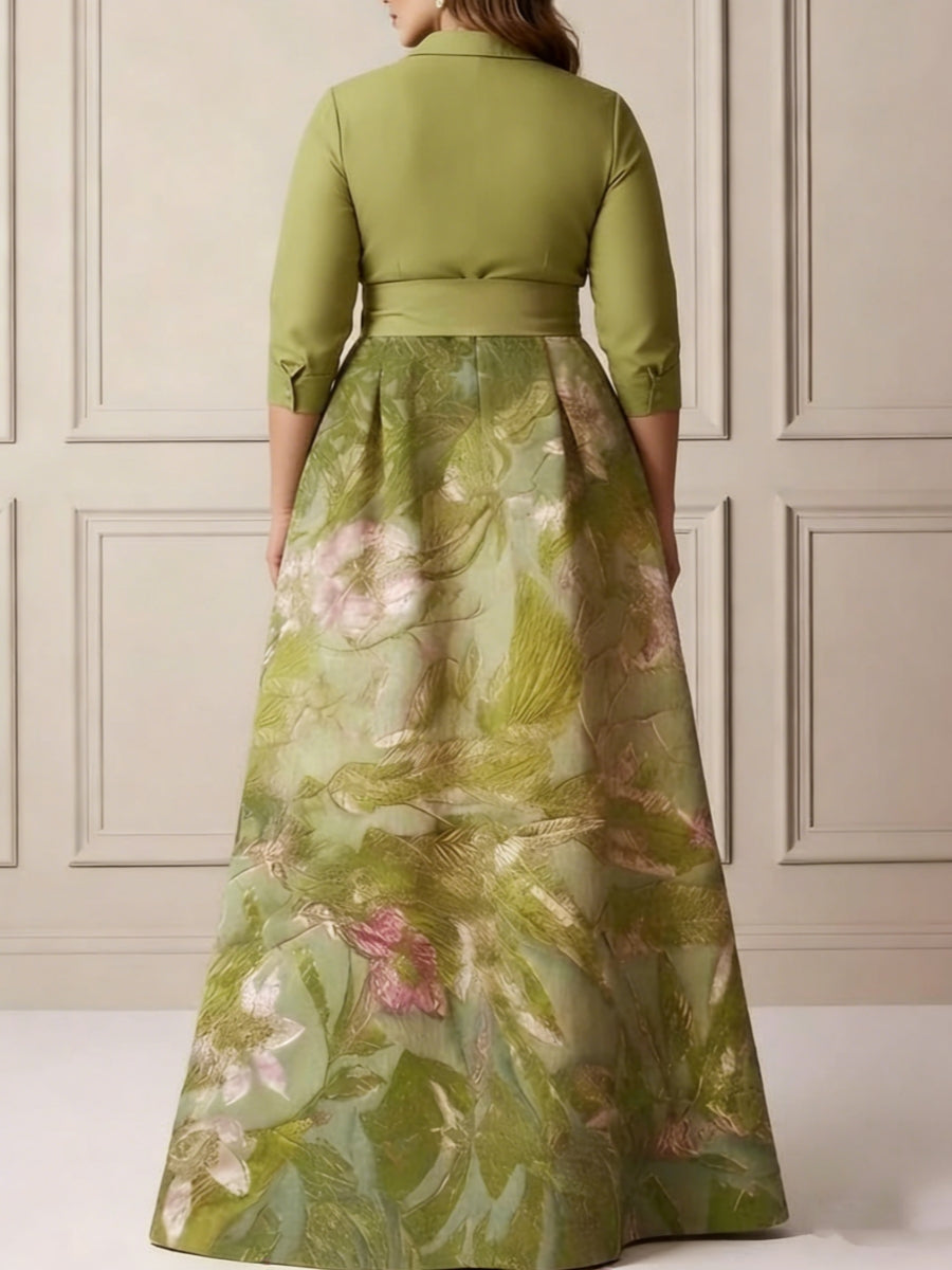 Robe mère de la mariée taille plus ligne A, satin col chemisier, manches 3/4, longueur sol, imprimé floral, nœud