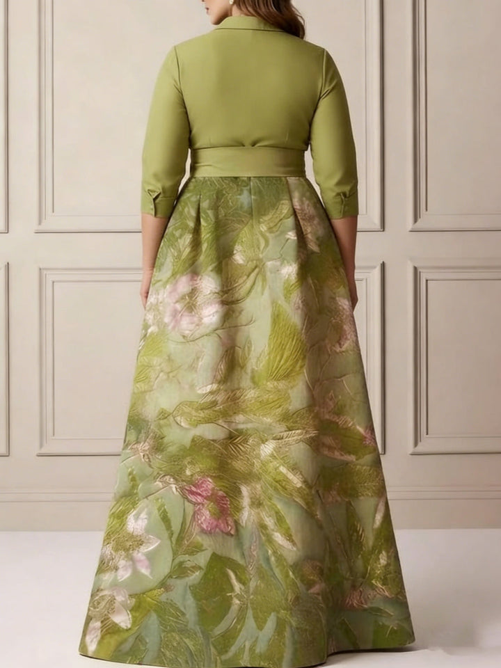 Robe mère de la mariée taille plus ligne A, satin col chemisier, manches 3/4, longueur sol, imprimé floral, nœud