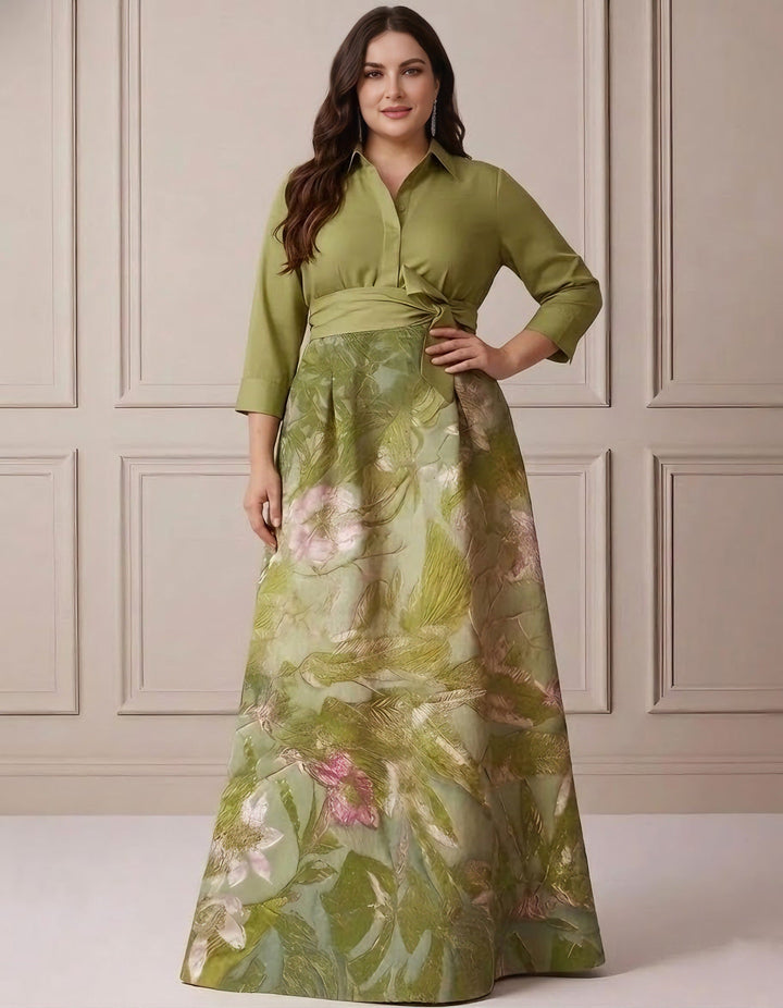 Robe mère de la mariée taille plus ligne A, satin col chemisier, manches 3/4, longueur sol, imprimé floral, nœud