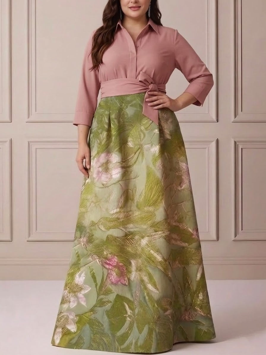 Robe mère de la mariée taille plus ligne A, satin col chemisier, manches 3/4, longueur sol, imprimé floral, nœud