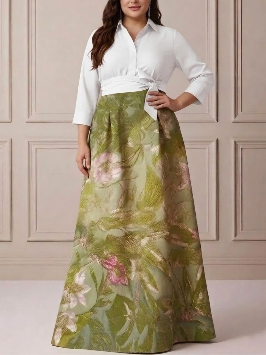 Robe mère de la mariée taille plus ligne A, satin col chemisier, manches 3/4, longueur sol, imprimé floral, nœud