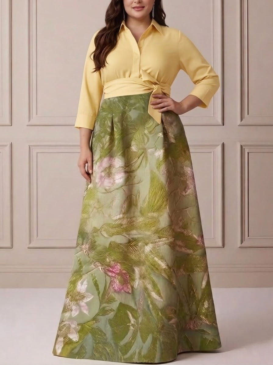 Robe mère de la mariée taille plus ligne A, satin col chemisier, manches 3/4, longueur sol, imprimé floral, nœud