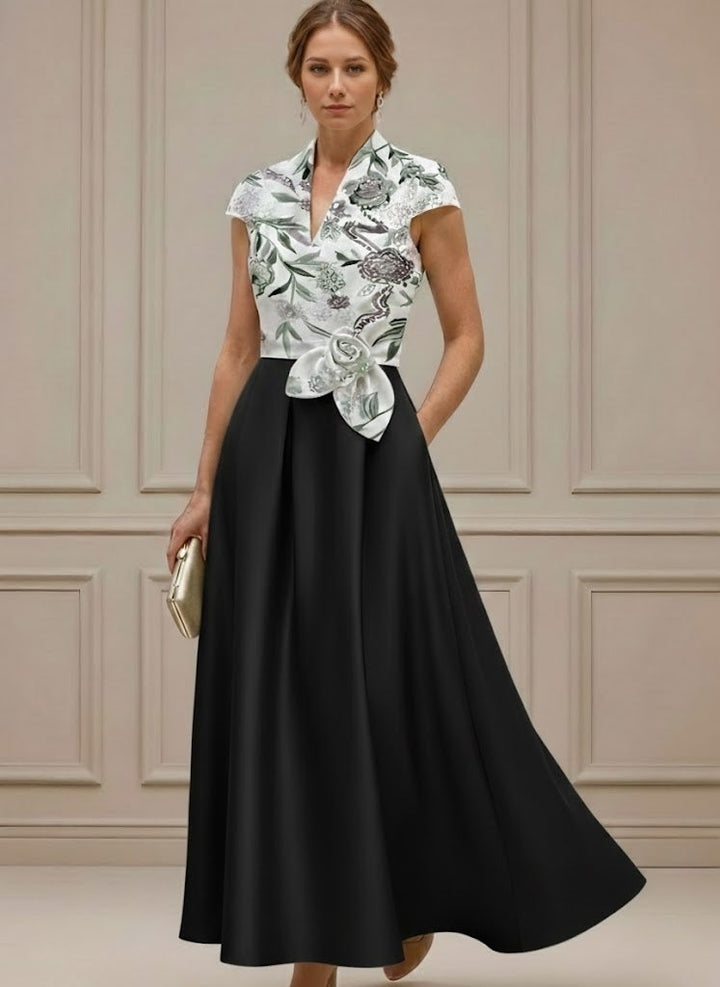 Robe mère de la mariée satin ligne A, col V, manches courtes, longueur cheville, ceinture et imprimé floral