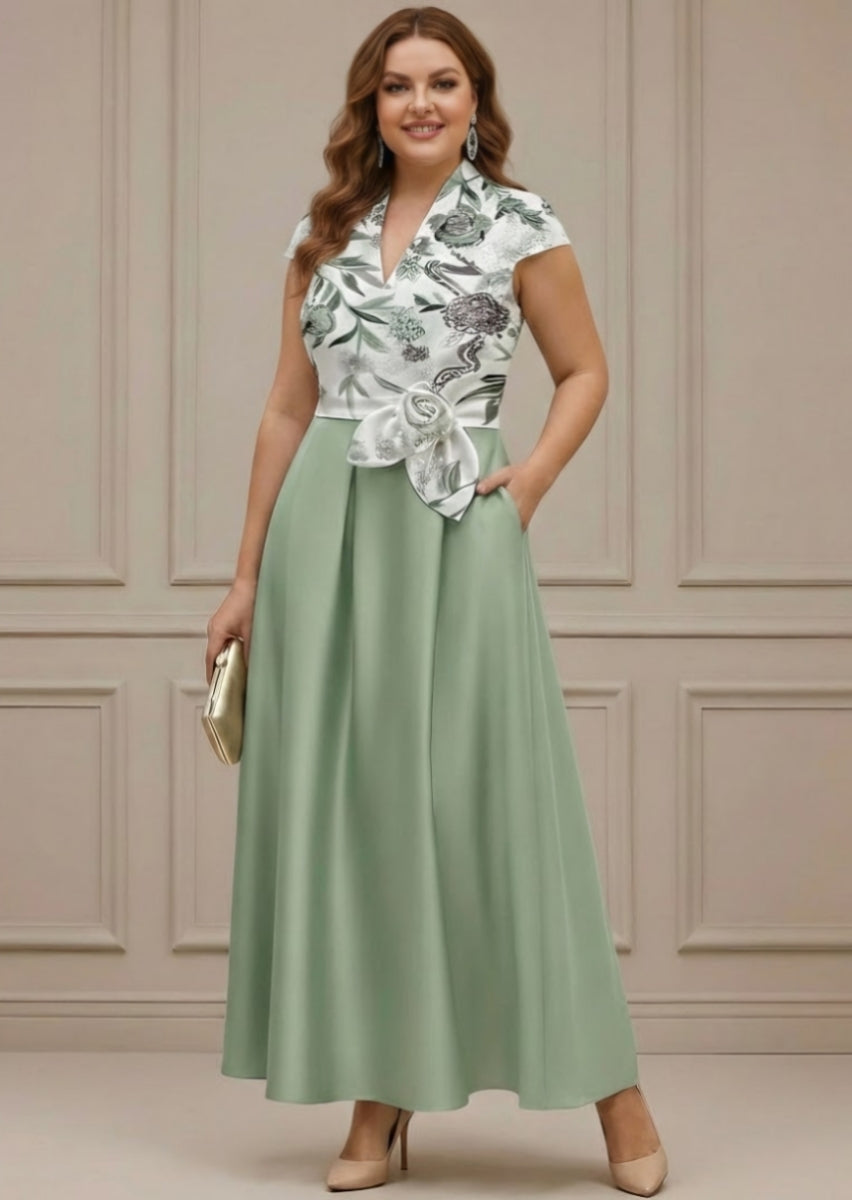 Robe mère de la mariée taille plus ligne A, satin col V, manches courtes, longueur cheville, imprimé floral, ceinture