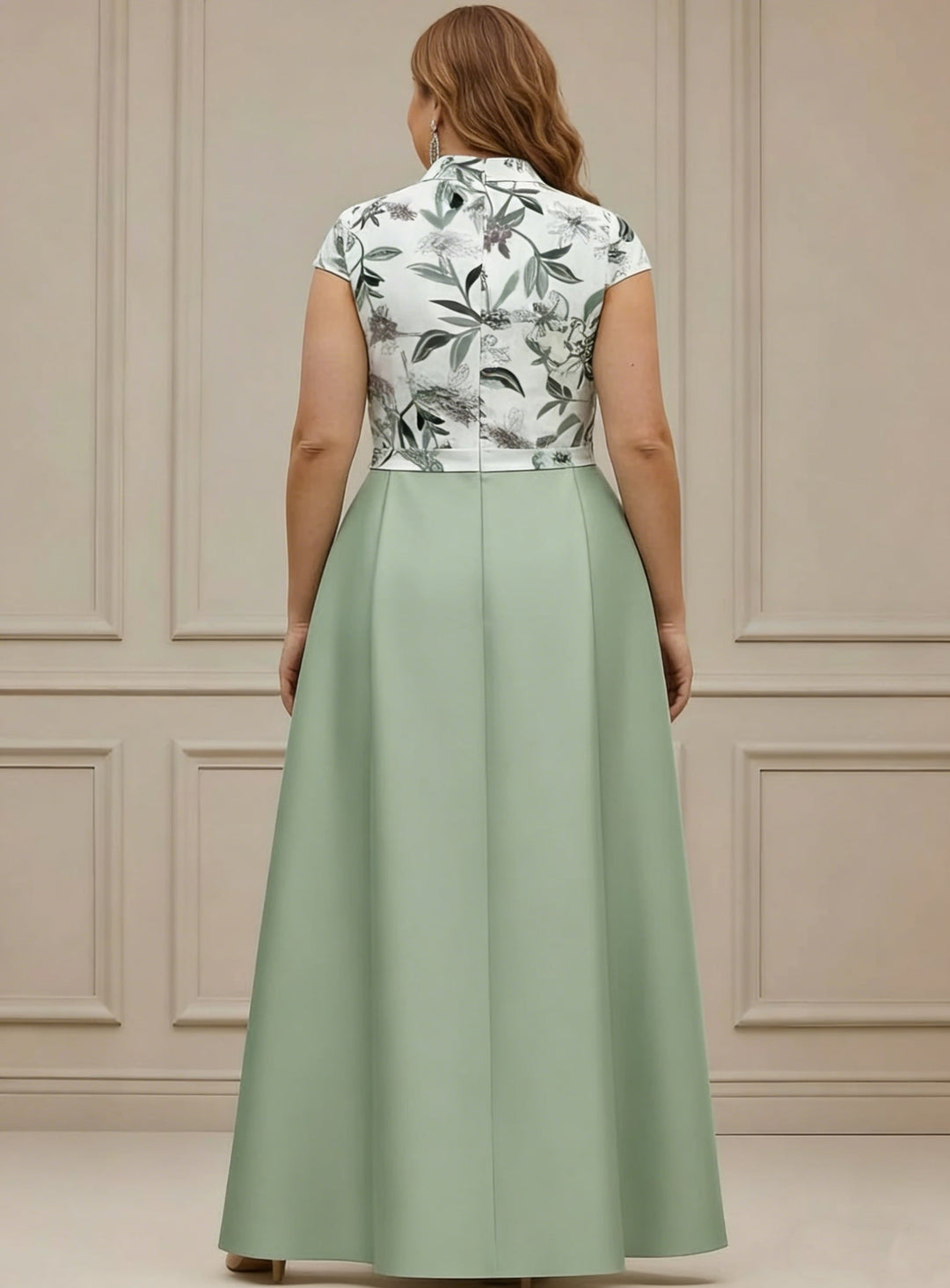 Robe mère de la mariée taille plus ligne A, satin col V, manches courtes, longueur cheville, imprimé floral, ceinture