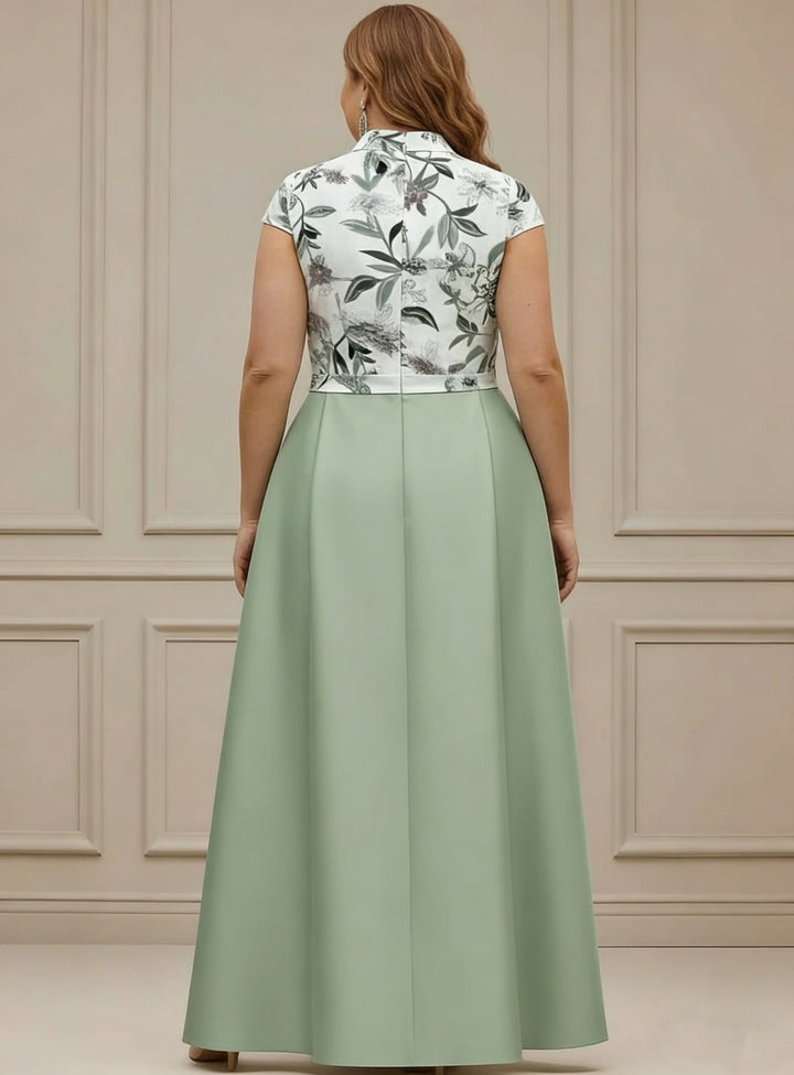 Robe mère de la mariée taille plus ligne A, satin col V, manches courtes, longueur cheville, imprimé floral, ceinture