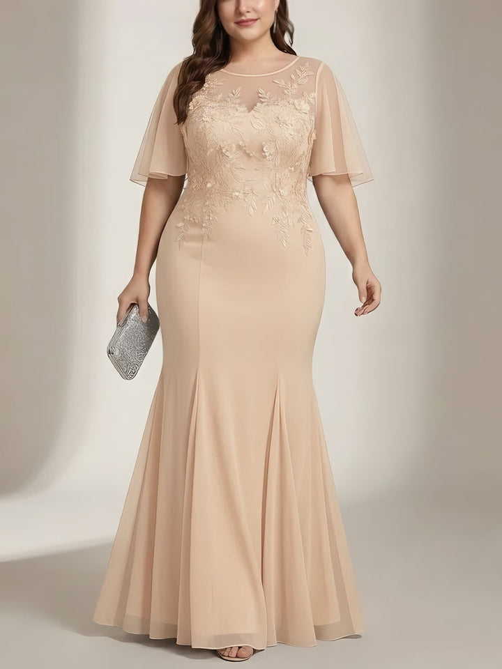 Robe mère de la mariée, taille plus, trompette/sirène, col rond, mousseline, dentelle, longueur sol, manches courtes