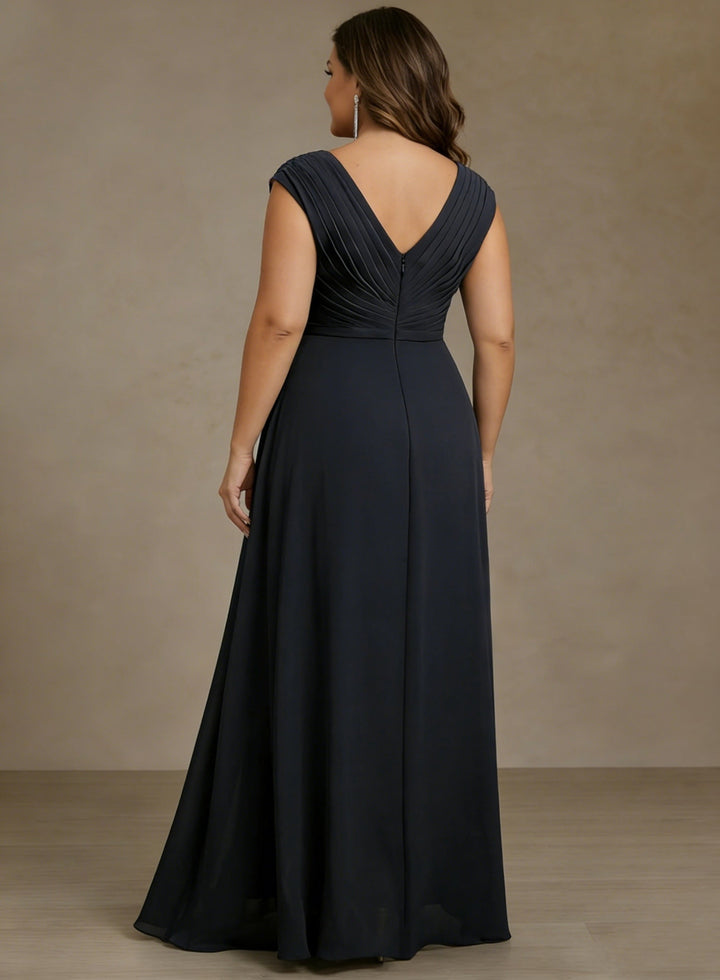 Robe mère de la mariée taille plus ligne A, mousseline col V, asymétrique, longueur sol, sequins, drapé
