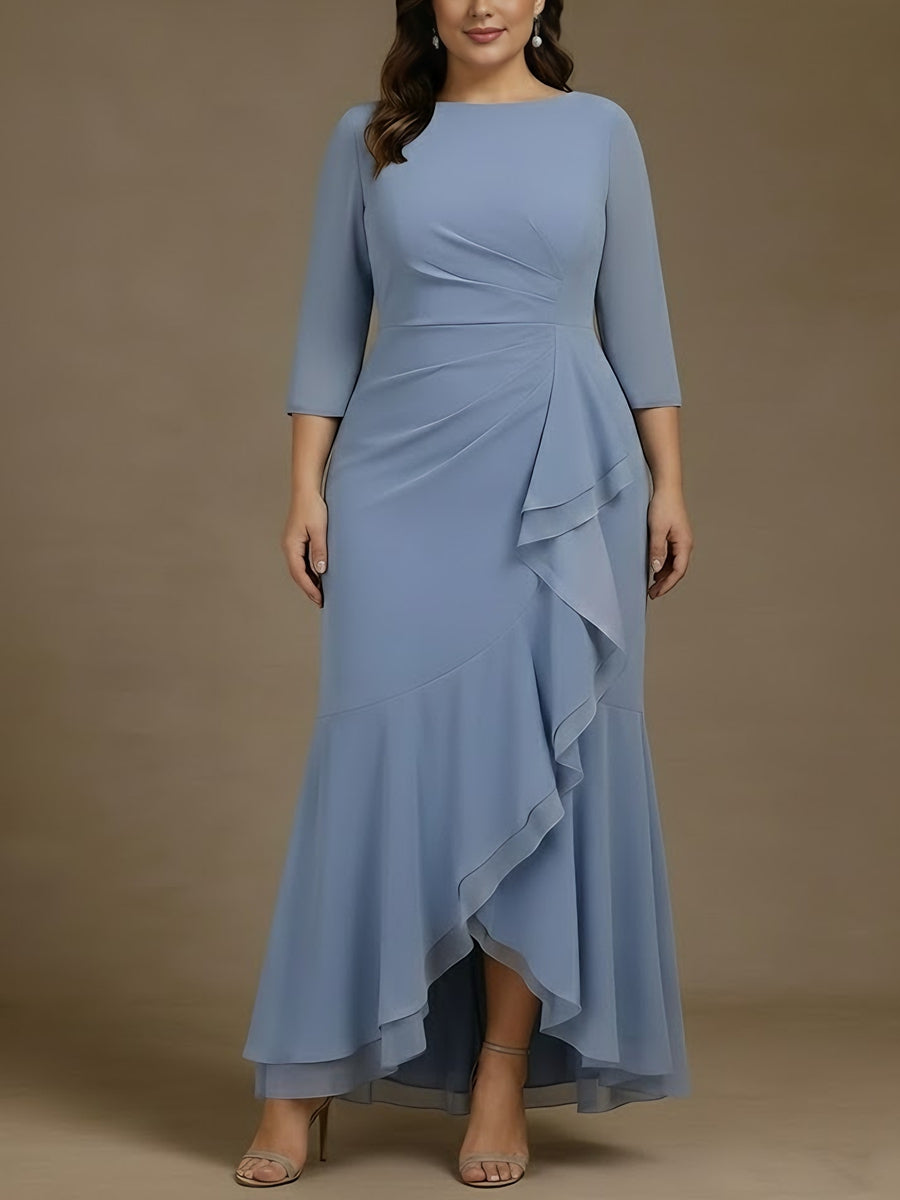 Robe mère de la mariée, taille plus, trompette/sirène, col rond, mousseline, asymétrique, longueur cheville, dénivelée, manches 3/4, volants