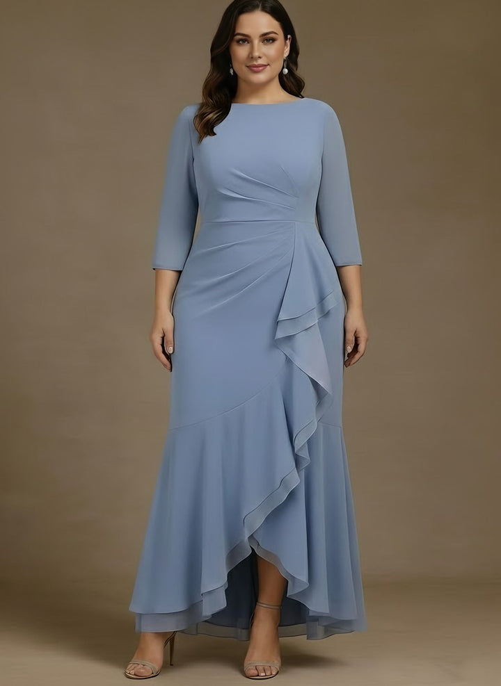 Robe mère de la mariée, taille plus, trompette/sirène, col rond, mousseline, asymétrique, longueur cheville, dénivelée, manches 3/4, volants