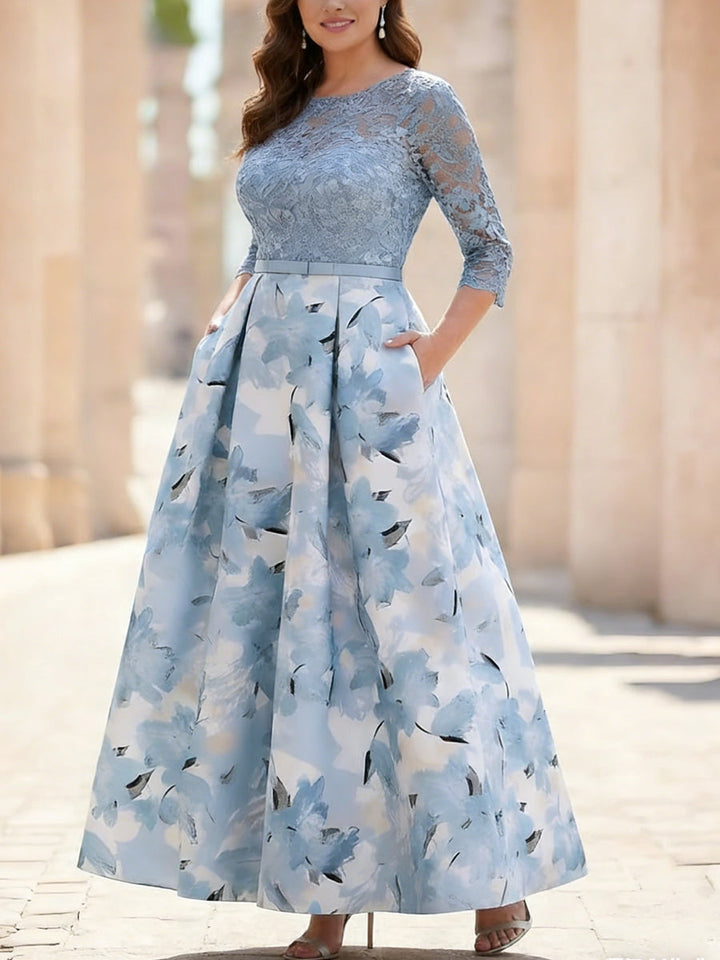 Robe mère de la mariée, taille plus, coupe A/ princesse, col rond, satin, dentelle, longueur cheville, manches mi-longues, imprimé floral