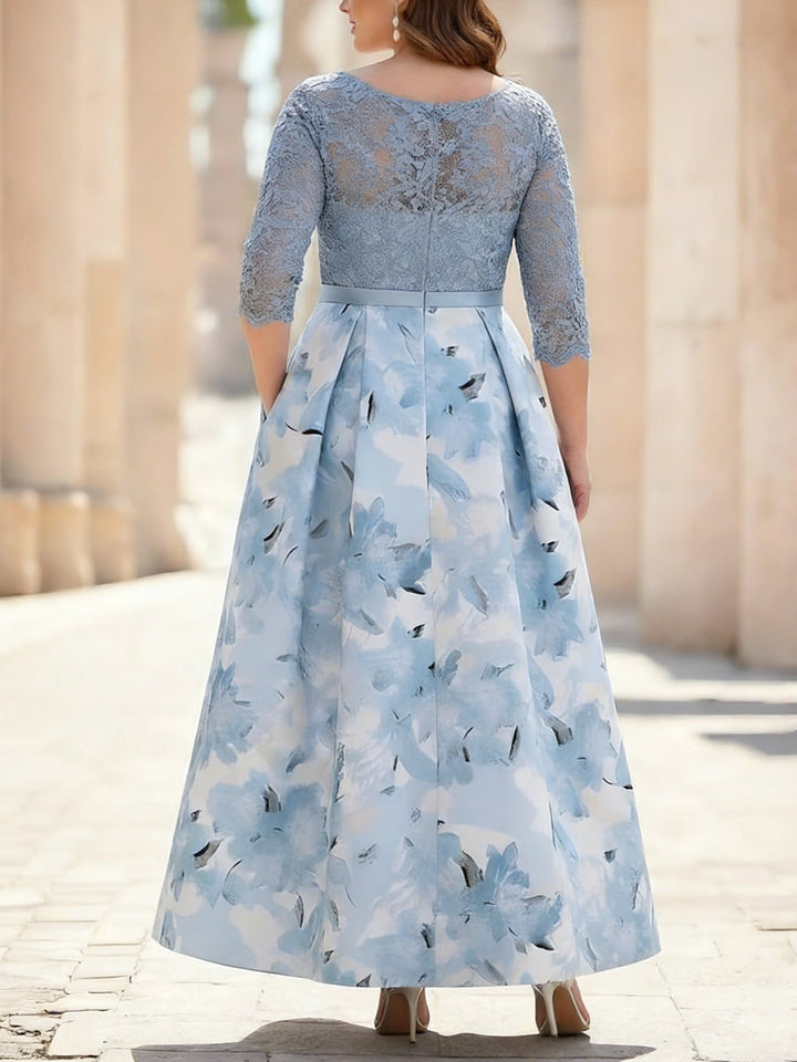 Robe mère de la mariée, taille plus, coupe A/ princesse, col rond, satin, dentelle, longueur cheville, manches mi-longues, imprimé floral
