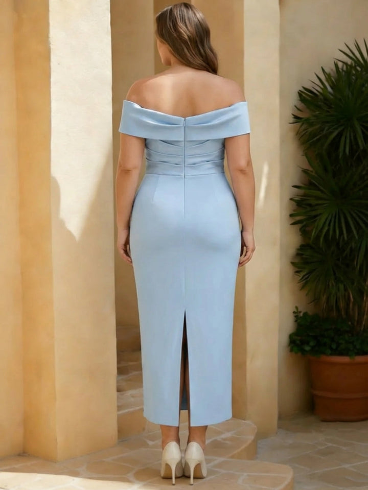 Robe mère de la mariée, taille plus, fourreau/colonne, décolleté Hors de l'Épaule, satin, sans manches, longueur thé, nœud
