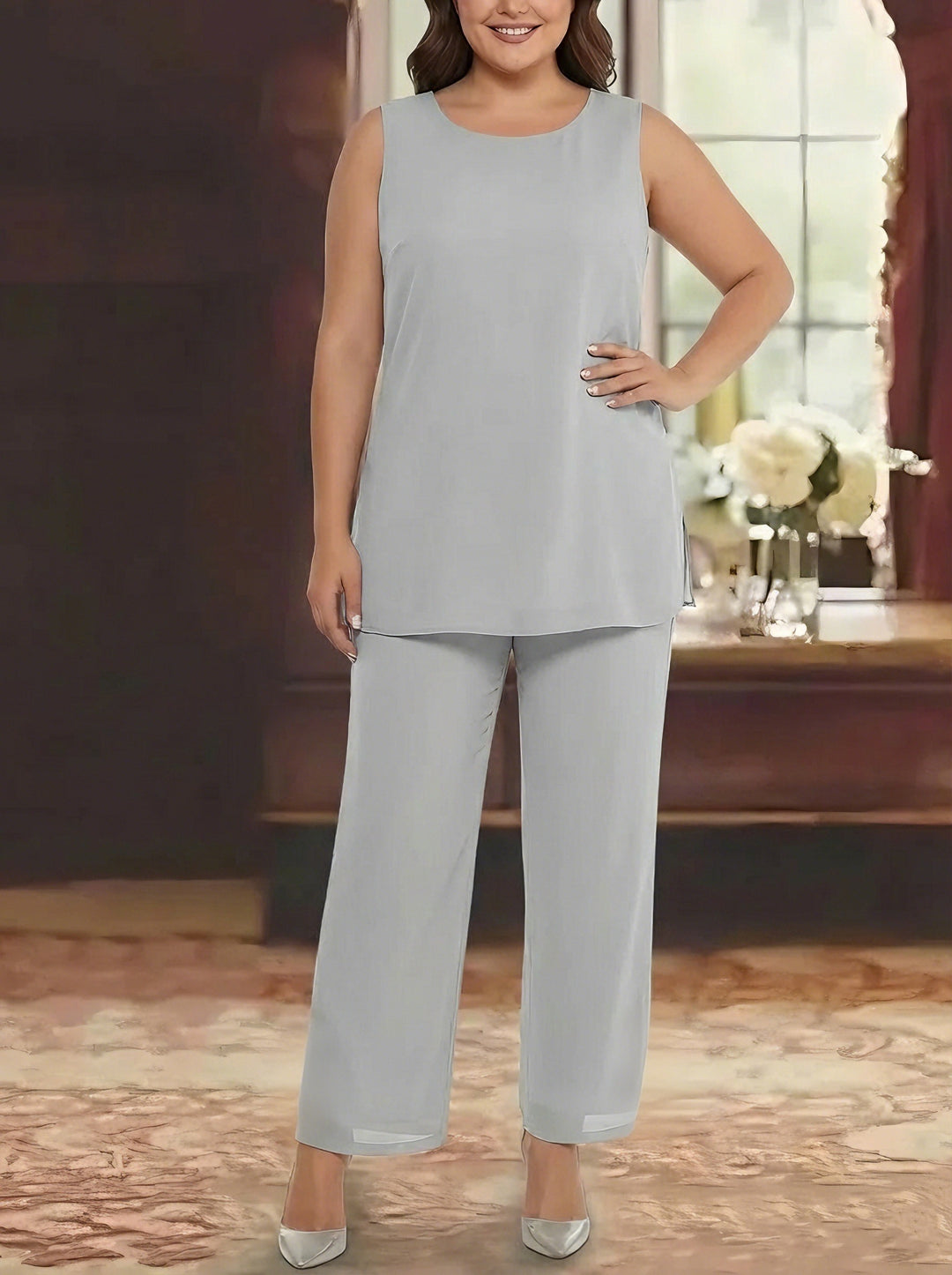 Ensemble pantalon 3 pièces mère de la mariée taille plus mousseline sequins col rond, veste, manches longues, longueur cheville