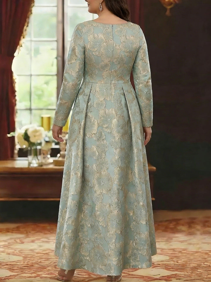 Robe mère de la mariée, taille plus, coupe A/ princesse, col rond, jacquard, manches 3/4, longueur cheville, fleuri